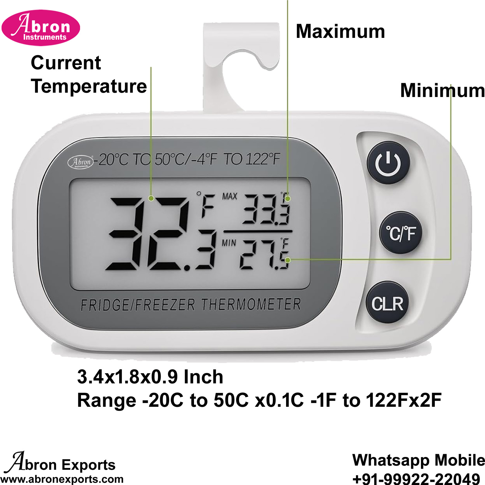 Digital Thermometer LCD 8cm -20C to 50x0.1C F Refrigerator Freezer Waterproof High Low Record Magnetic 5pc Abron AP-942FMX 